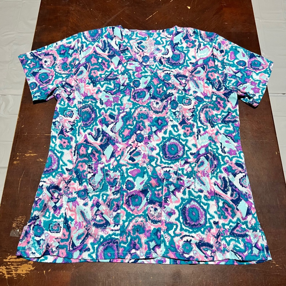 Chic Flex Womens XL Scrub Top V-Neck Teal Purple Pink Abstract Print Flex-Tek